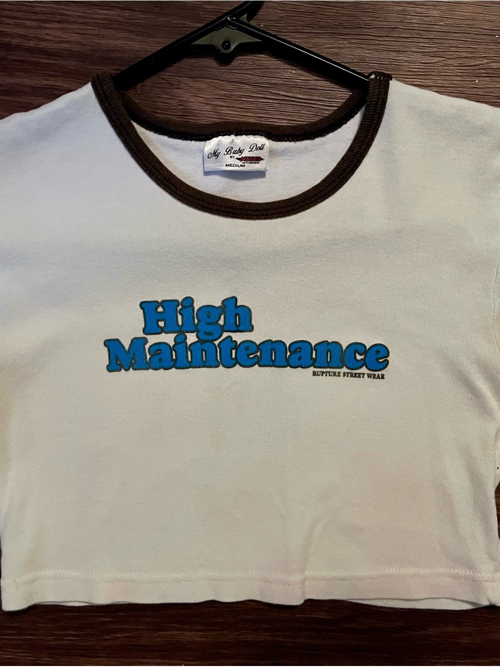 High Maintenance White Crop Tee with Blue Logo